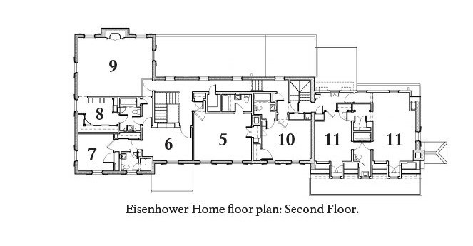 A black and white map showing the second floor of the Eisenhower home