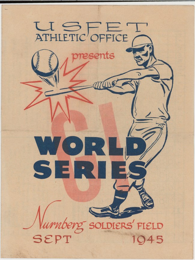 An image of a program from the 1945 GI World Series, with colorful lettering and an image of a man swinging a baseball bat