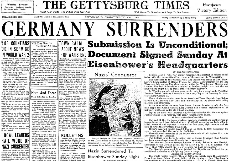 Gettysburg Times newspaper from May 7, 1945 with headline stating Germany Surrenders.