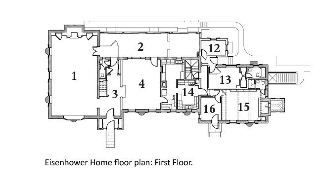 A black and white image showing the Eisenhower home first floor plan