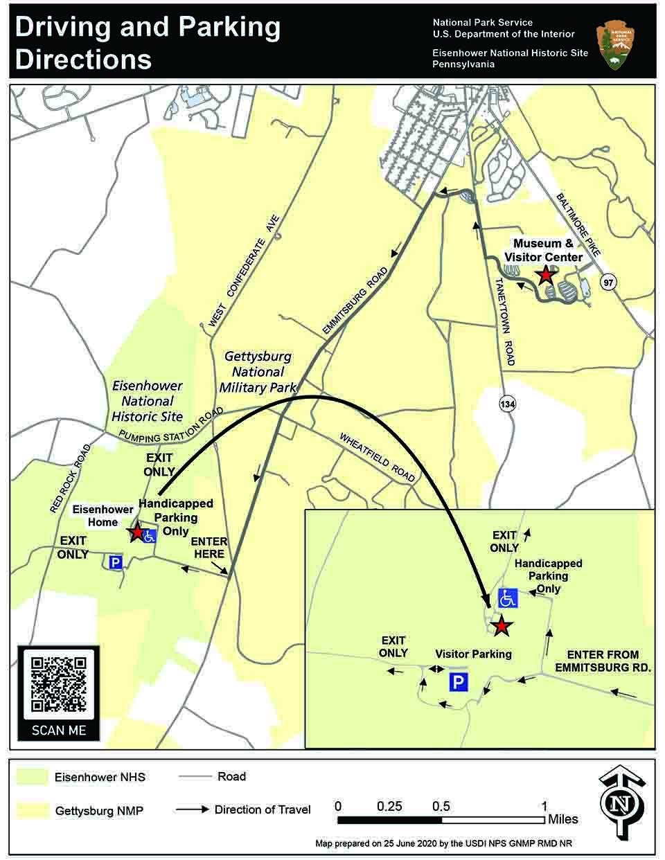 A map shows driving directions from the Museum and Visitor Center to the Eisenhower Historic Site.