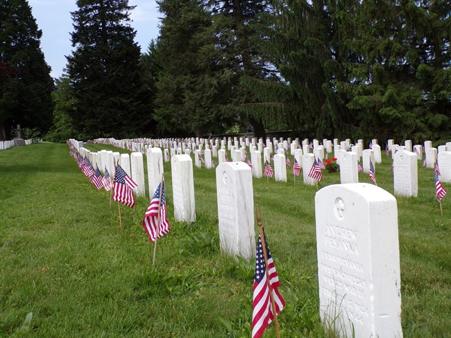 Color image of headstones with American flags in front in a National Cemetery