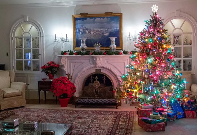 A color image of a Christmas tree in the Eisenhower living room.
