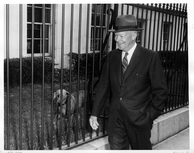 A black and white image of a man in a suite and fedora walking next to a fence and a dog