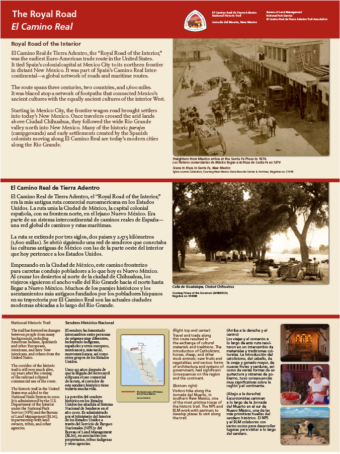 Exhibit showing rural and city roads with wagons; text in English and Spanish