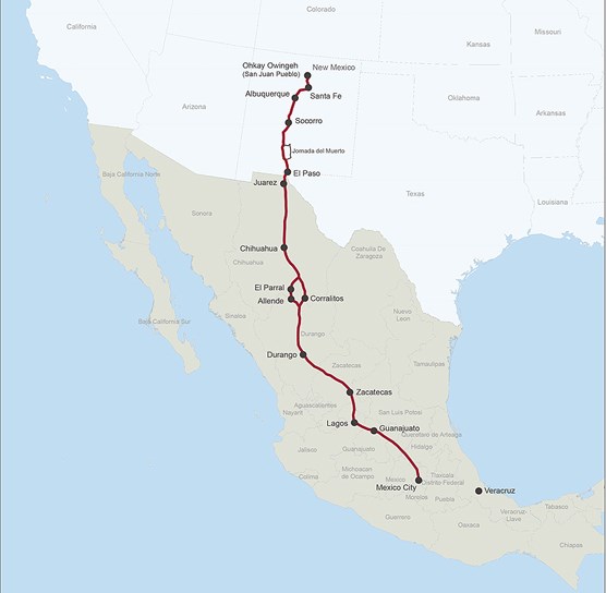 A map depicting a trail from Santa Fe, NM, south through Texas, to Mexico City.