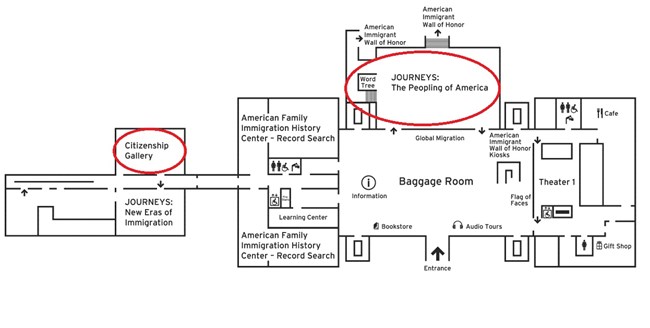 A map of the exhibits on the first floor of the museum. A red circle indicates the current closures.
