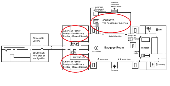 A map of the first floor exhibits on Ellis Island. A red oval indicates exhibits that are closed.
