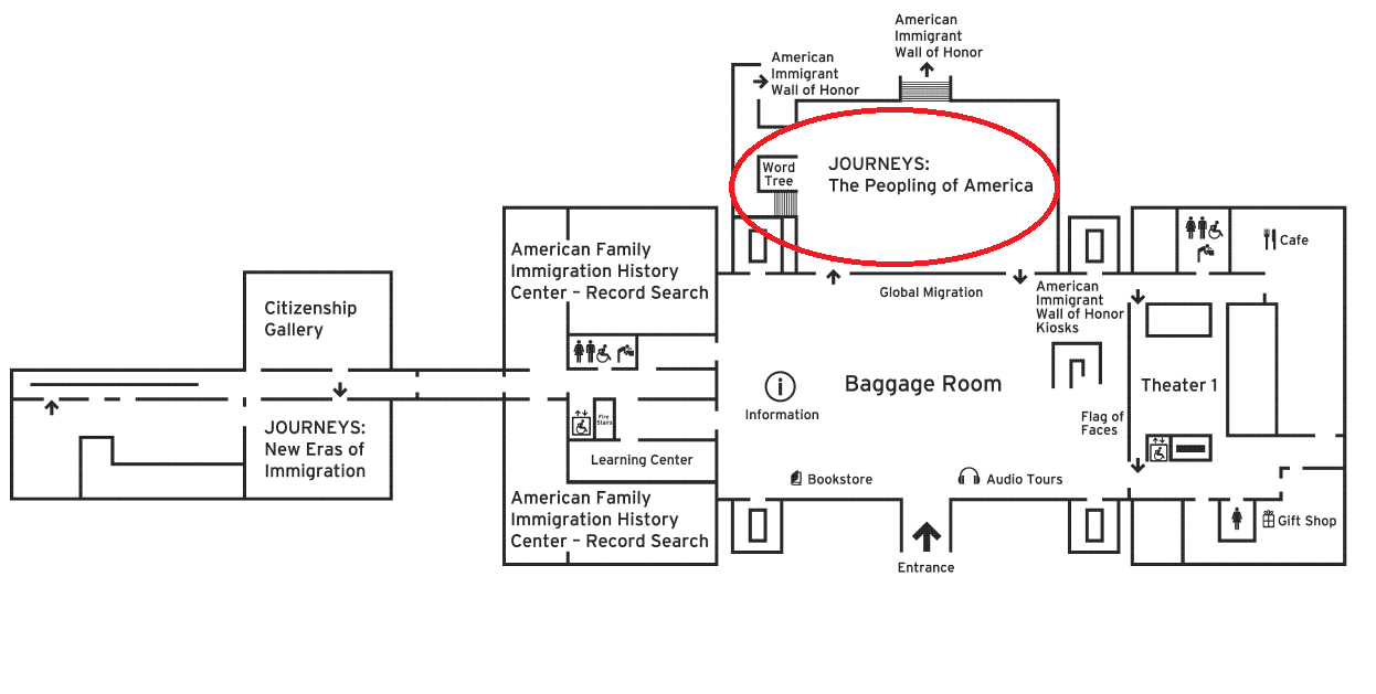 A map of the exhibits on the first floor of the museum. A red circle indicates the current closures.