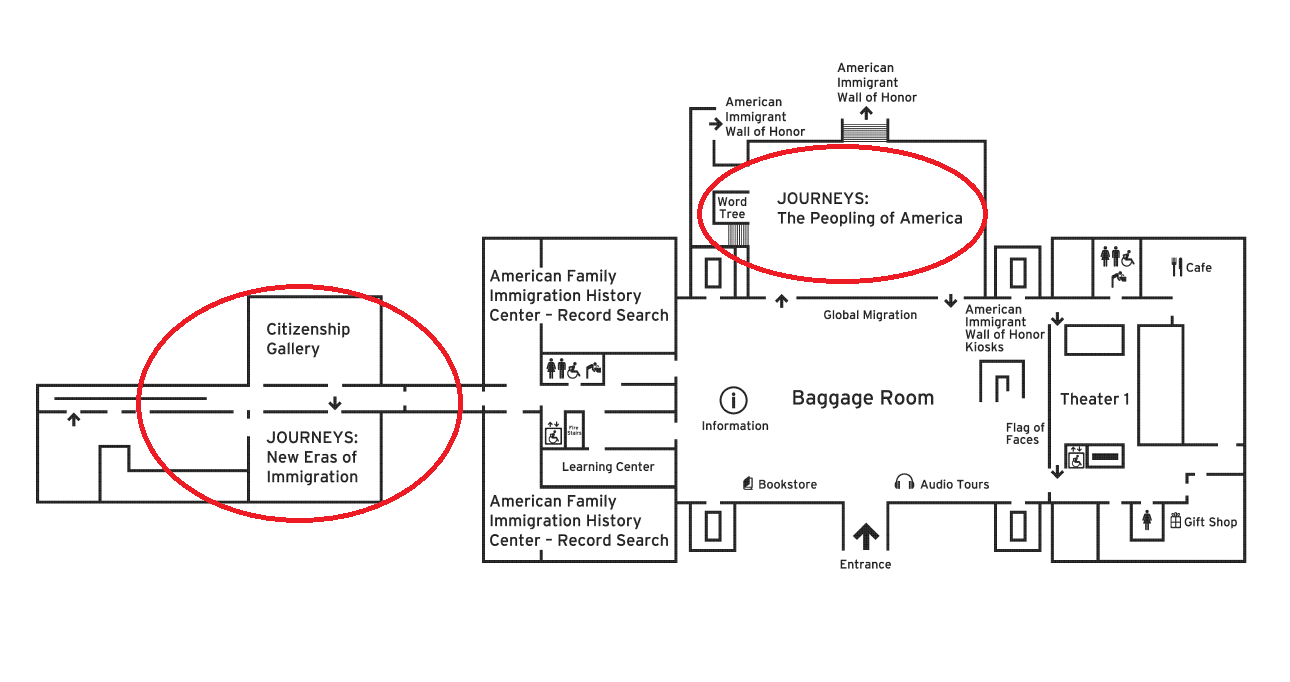 Ellis Island's first floor exhibits. Red circles indicate where exhibits are temporarily closed.