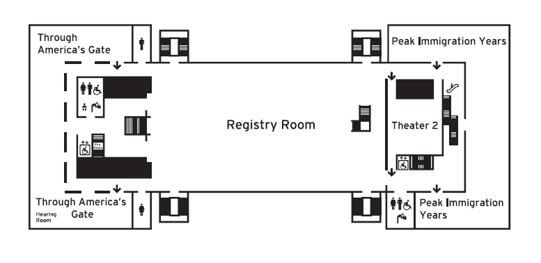 A map of the second-floor exhibits on Ellis Island. Currently, there are no closures to exhibits on this floor.