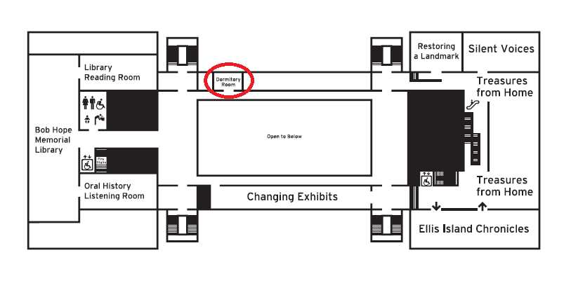 Ellis Island's third floor exhibits. There is a red circle around the dormitory room to indicate it's closure.