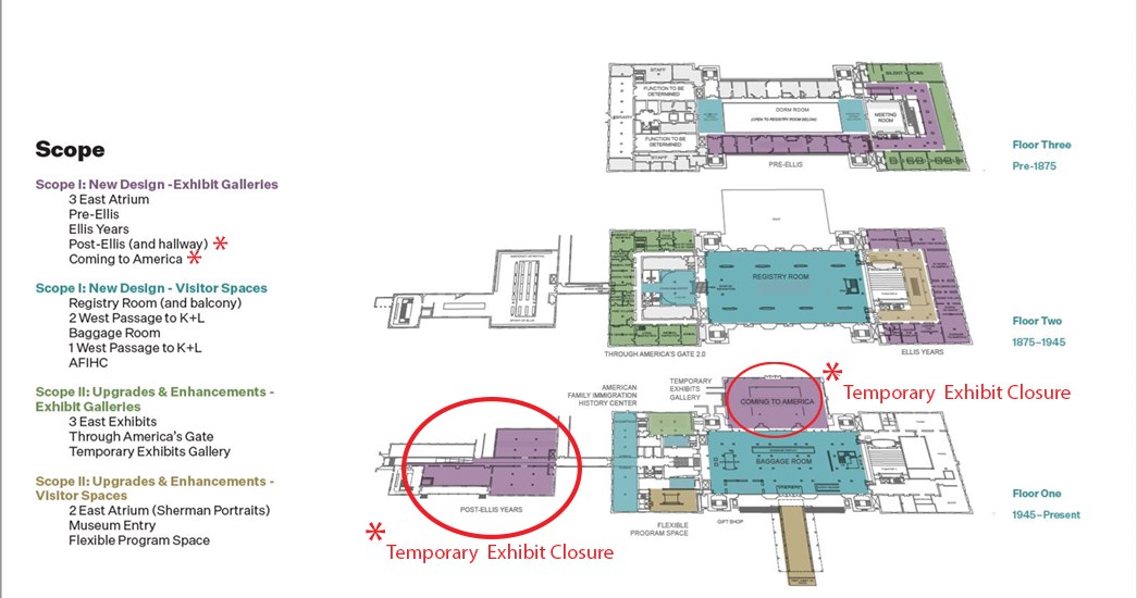 A map of the three floors of exhibits on Ellis Island. A red circle indicates where there are temporary closures.