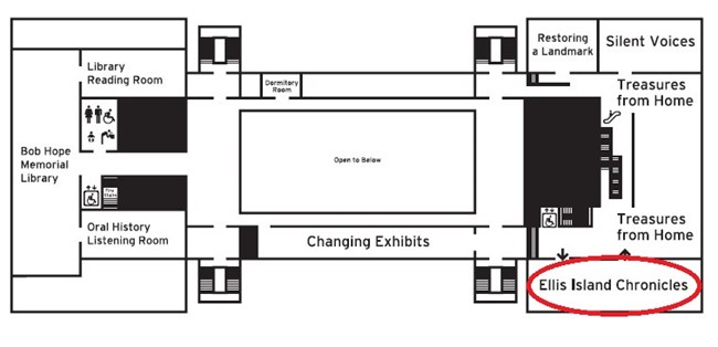 A map of the third floor of Ellis Island. A red circle surrounds the exhibit "Ellis Island Chronicles"