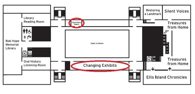 A map of the third floor exhibits on Ellis Island. A red oval indicates exhibits that are closed.