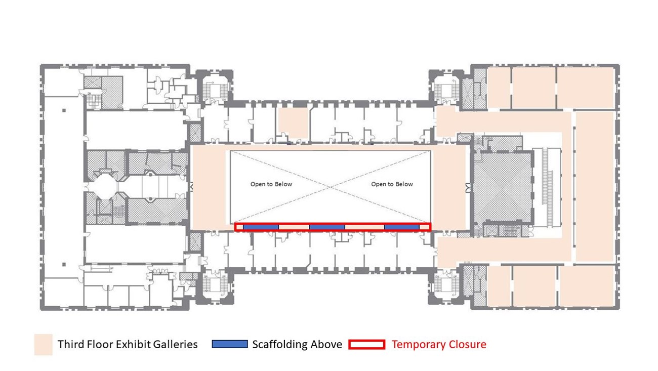 A floor plan of the Main Immigration Building that highlights the "Third Floor Exhibit Galleries", the "Scaffolding Above", and where the "Temporary Closure" is happening.