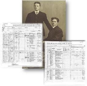 Historic photograph of two young men who immigrated through Ellis Island in 1910 along with the ship's manifest their names appeared on.