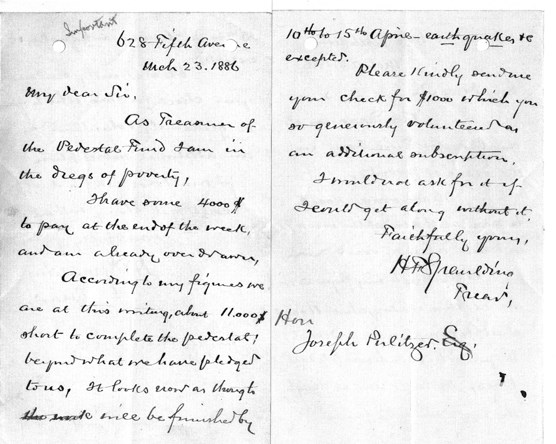 1886 Letter from Henry Foster Spaulding to Joseph Pulitzer