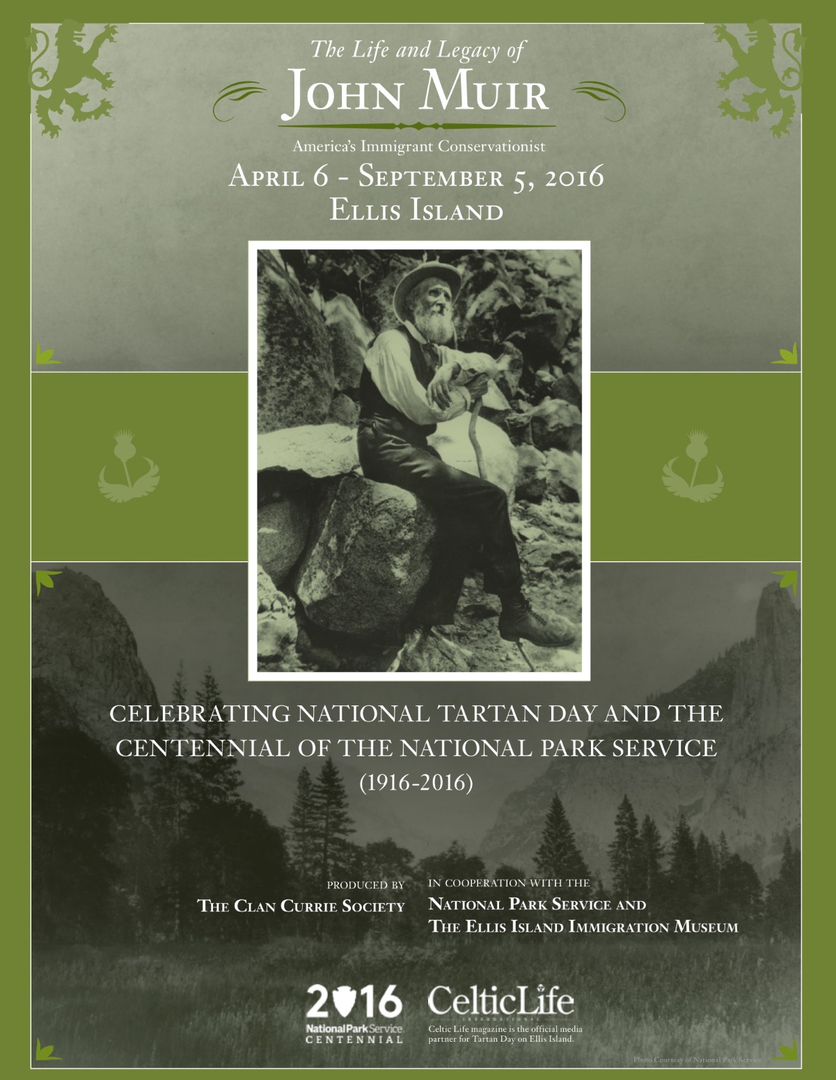 John Muir Exhibit Poster: Exhibit Information and B&W Photo of John Muir in Yosemite