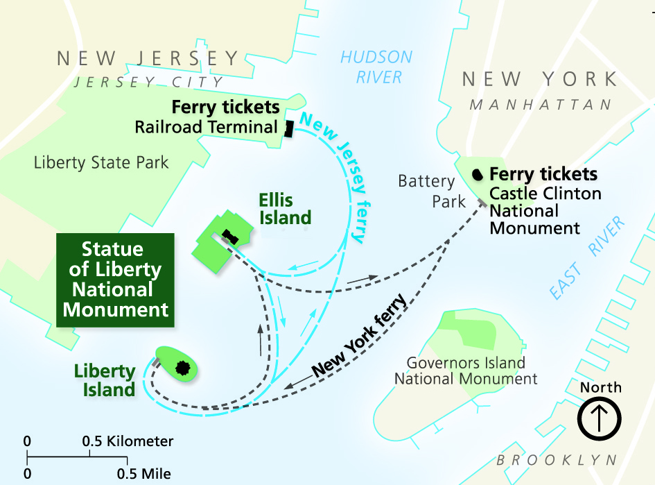 Map of Statue of Liberty and Ellis Island ferry routes from New York City and New Jersey.