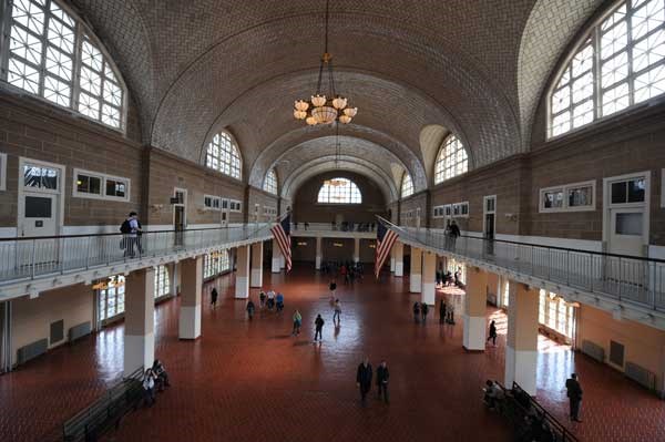 View of Registry Room or "Great Hall" located in the Main Immigration Building on Ellis Island.