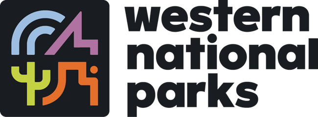 A logo of a blue river, purple mountain, orange butte, and green cactus with the text "Western National Parks."