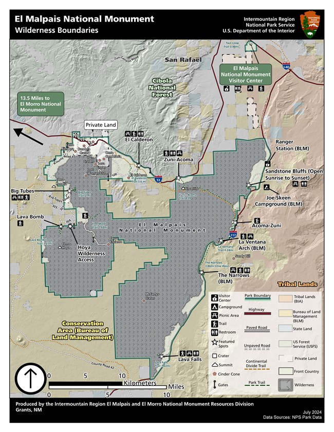 A map of El Malpais showing the wilderness and front country areas