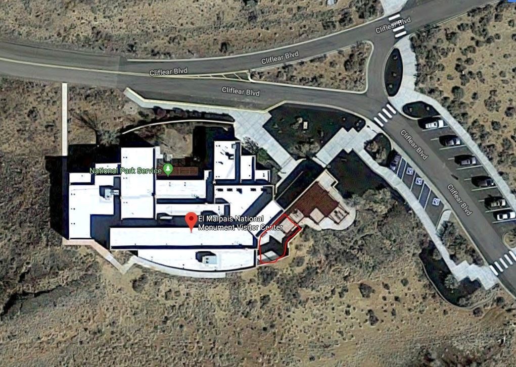 Aerial image of the El Malpais Visitor Center with a red outline showing the first amendment area on the east side.
