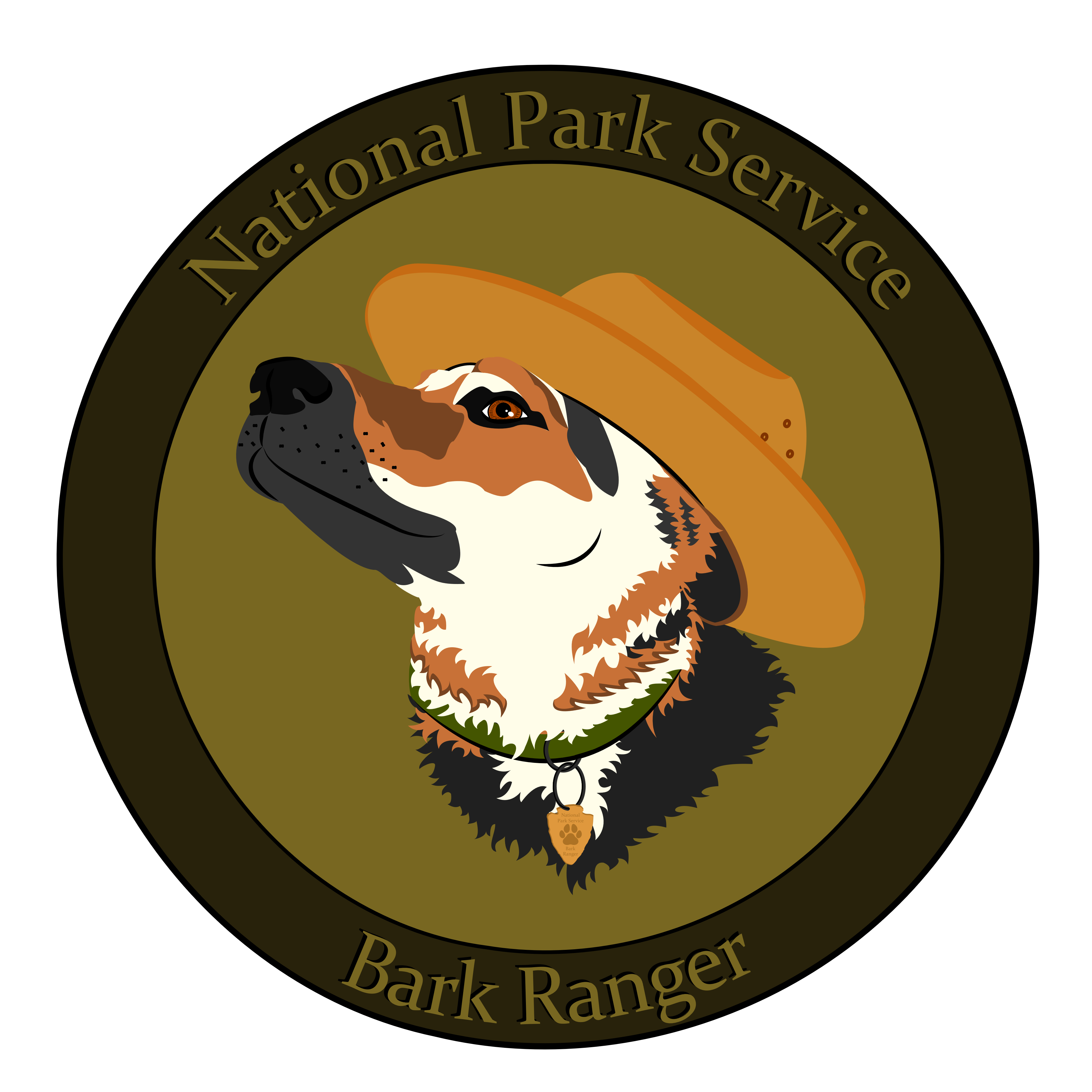 An illustrated, furry dog wears a park ranger hat while looking upwards.  The words "National Park Service Bark Ranger" fill much of the green, circular frame.
