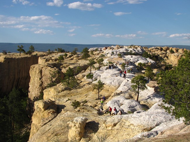 A group people walking across white and yellow stone outcrop with a canyon on the left