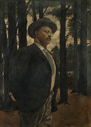 A watercolor portrait of a man wearing a hat and coat, standing in a wooded landscape.
