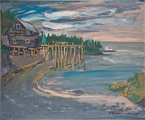 An oil painting of a wood dock extending into the sea and a house along the shoreline.
