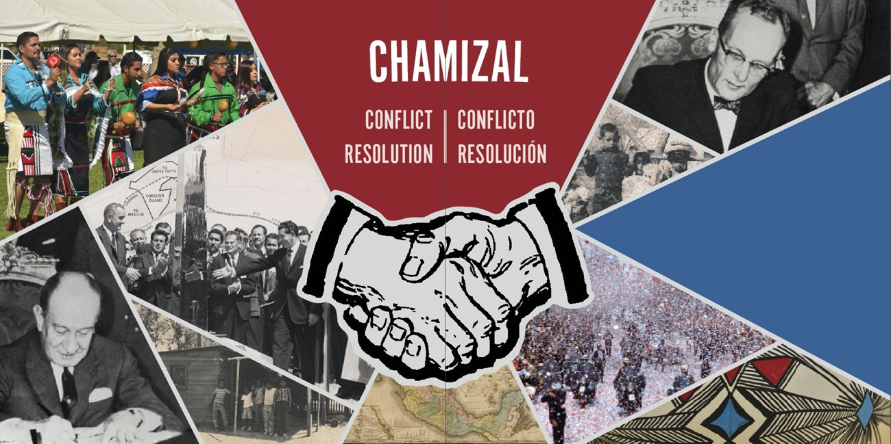 Un collage de imágenes con el texto, «Chamizal: conflicto