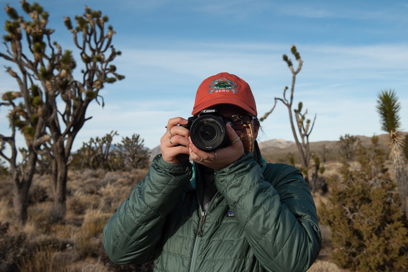 Una visitante con una camara alrededor de arboles de Joshua.