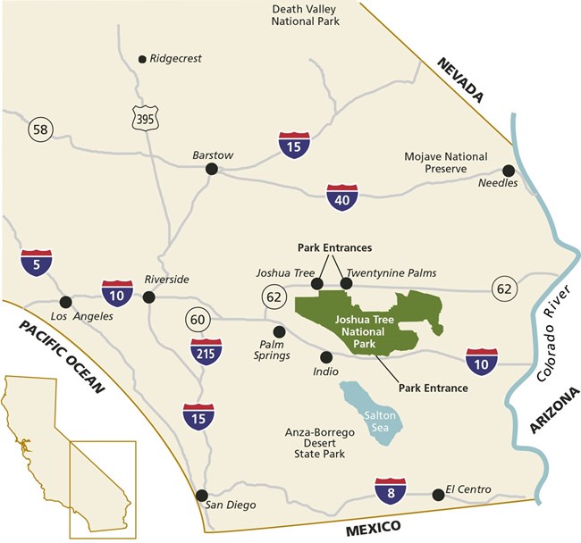Mapa del área del Parque Nacional Joshua Tree.