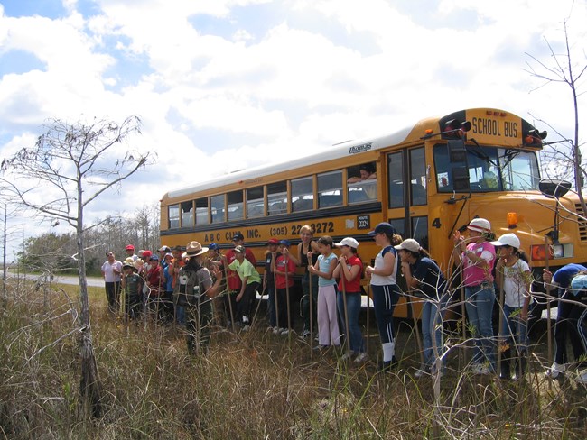 Students with a ranger, standing in grass, beside a road and in front of a school bus