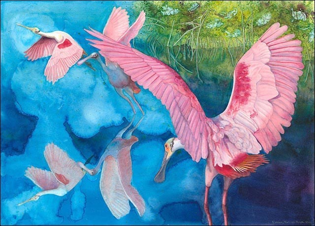 An abstract painting of 5 roseate spoonbills with plants in the foreground