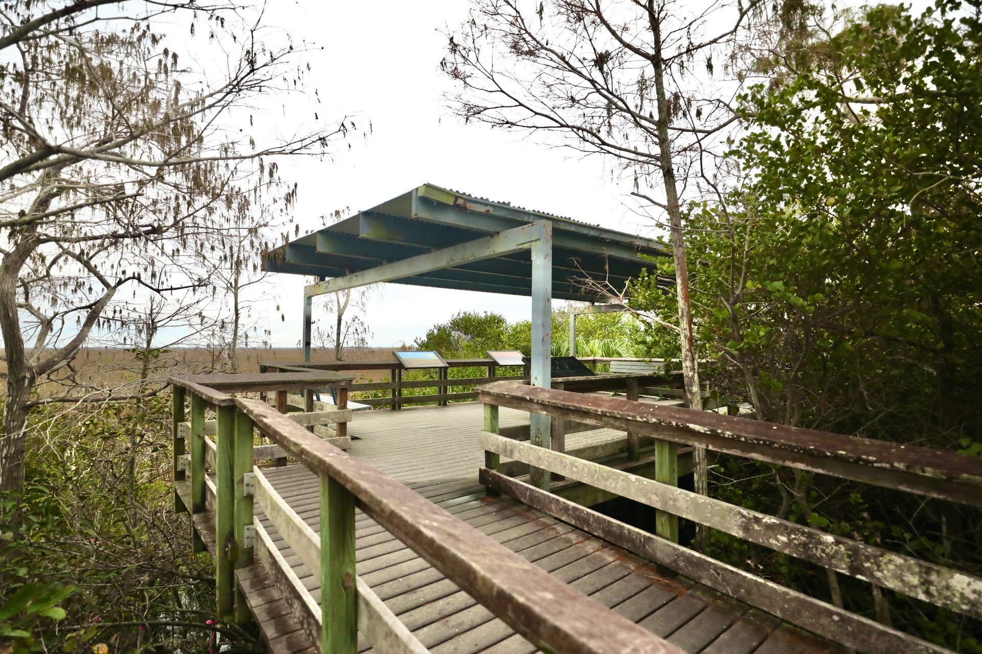 Image shows a covered overlook platform for observation and is surrounded by vegetation.