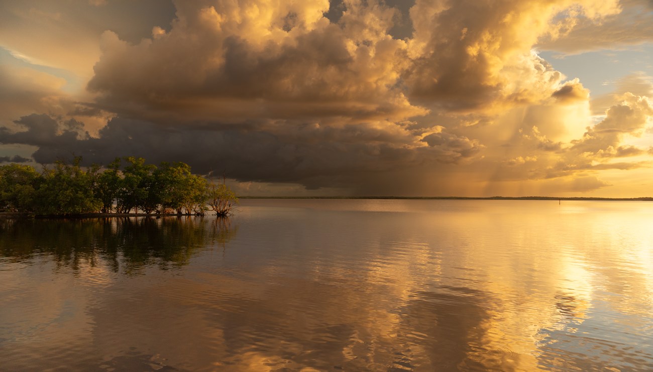 A sunset photo of still water mirroring the majestic clouds above, framed by a line of mangrove trees.