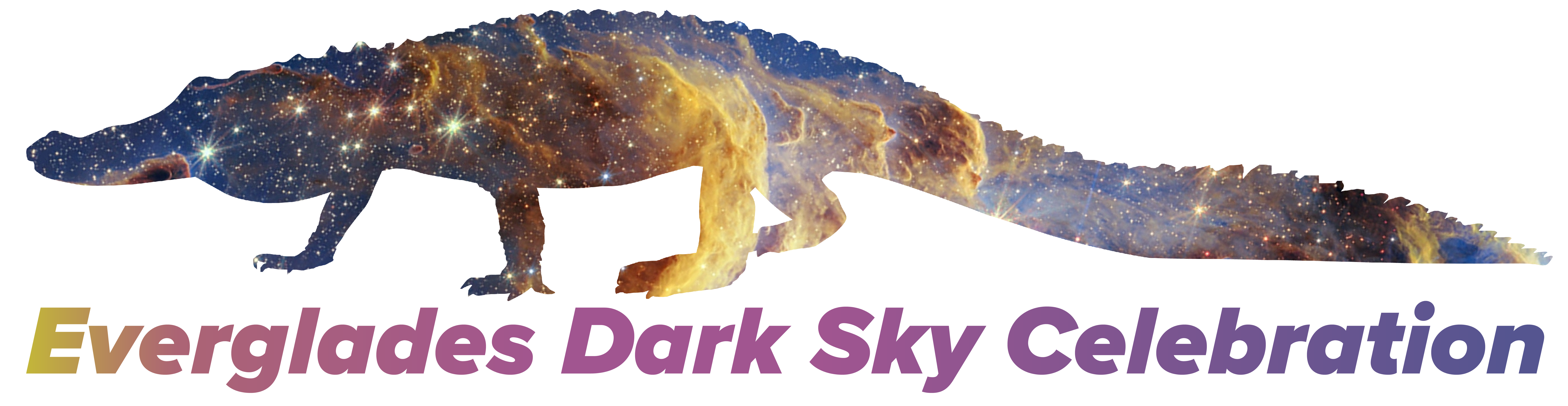 Stars within an alligator shape above the words "Everglades Dark Sky Celebration" with an orange to purple gradient