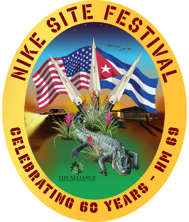 Logo display with the american and cuban flag, three Nike Missiles, with a missile barn soldier and car in the background. The text Nike Site Festival , celebrating 60 years - HM 69 surrounding the logo.