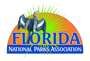 A logo for the Florida National Park Association with an Anhinga sitting upright and it's feathered wings spread.