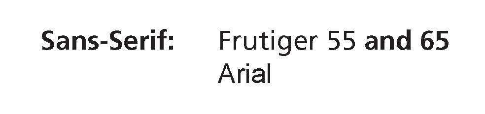 Frutiger 55 and 65 and Arial are depicted.