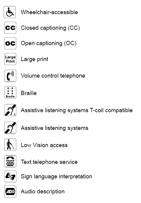 Twelve accessibility symbols are presented with associate text. The associated text reads: 1. Wheelchair-accessible, 2. Closed captioning (CC), 3. Open captioning (OC), 4. Volume control telephone, 5. Text telephone service (TTY), 6. Assisitve listening systems, 7. Assisitve listening systems. T-coil compatible, 8. Sign language interpretation, 9. Large print, 10. Braille, 11. Low vision access, 12. Audio description.