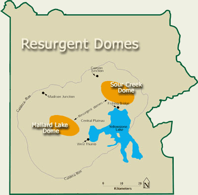 Map of Yellowstone shows location of two resurgent domes