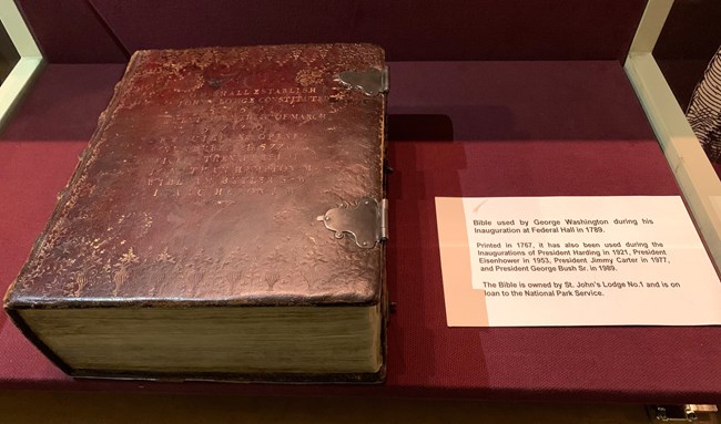 The George Washington Inaugural Bible on display at Federal Hall.