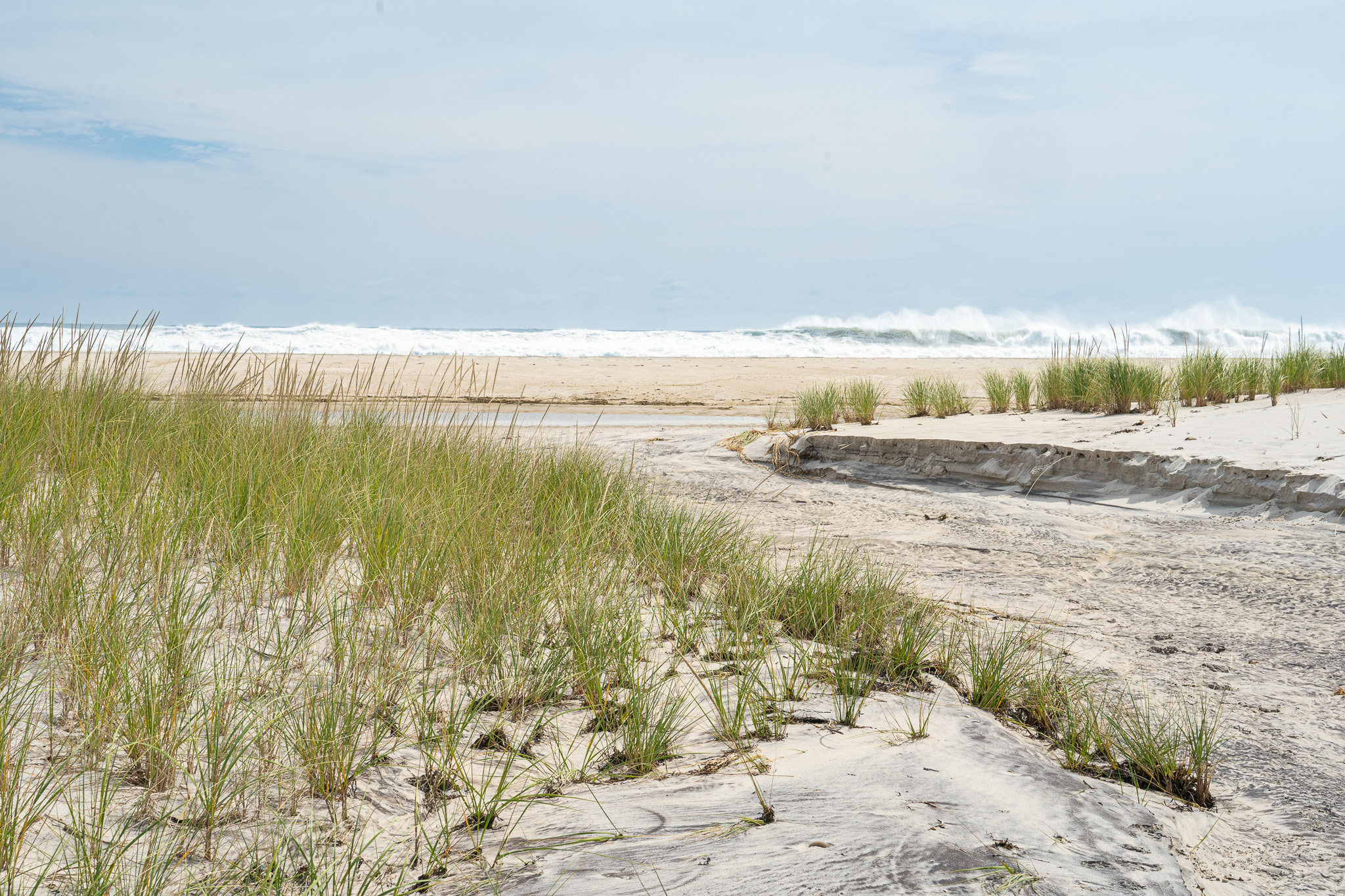 A dry wash area carved in the dune and swale areas.