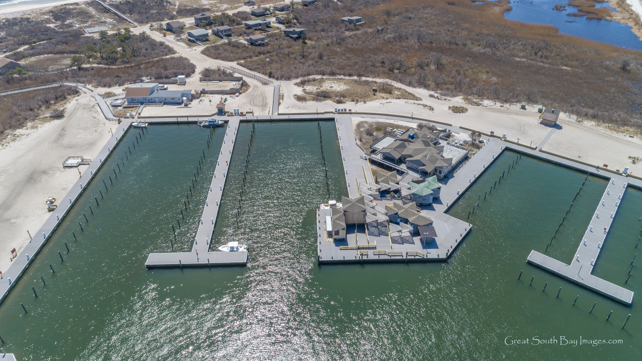 Aerial view of large marina.