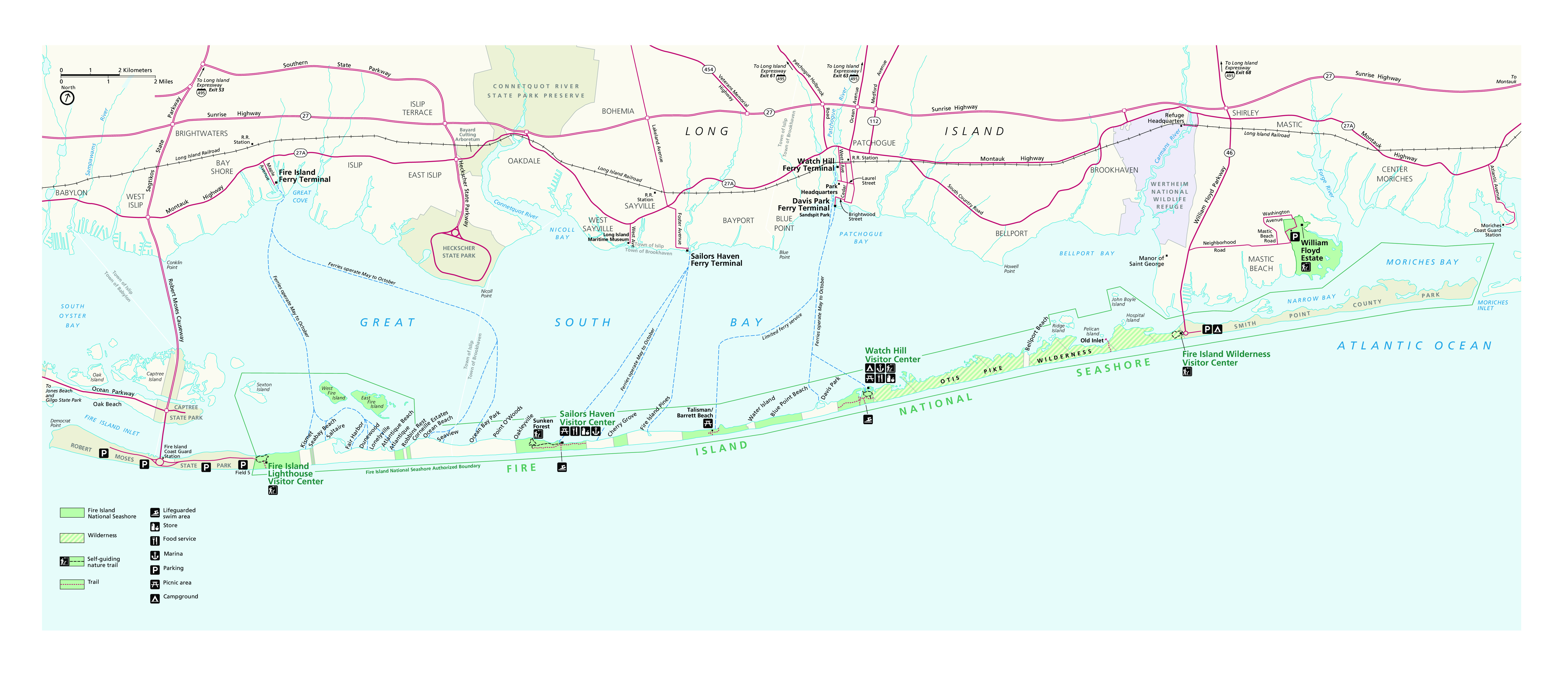 A map showing the details of National Park Service visitor areas on Fire Island and the William Floyd Estate. Includes surrounding area.