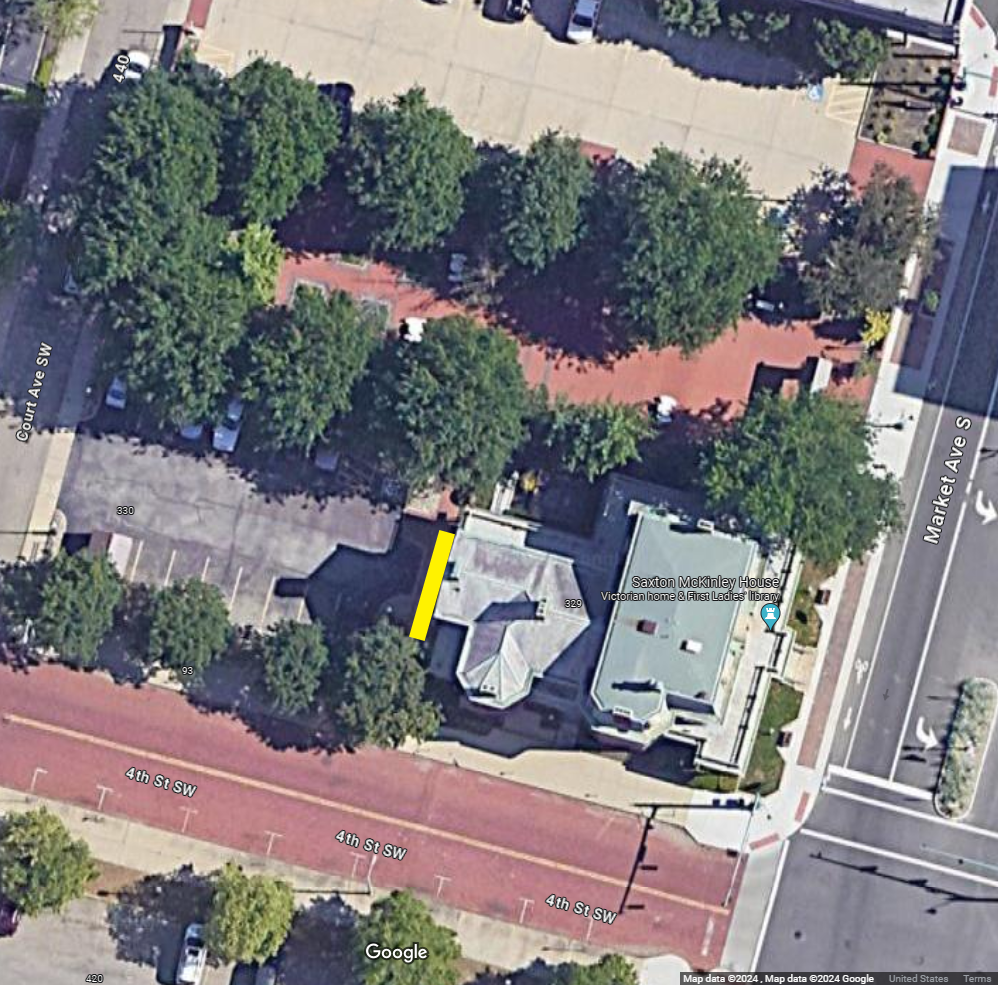 Birds Eye view of the designated 1st amendment area at First Ladies NHS, located on the south side of the site between the small visitor parking lot and the west side of the Saxton house